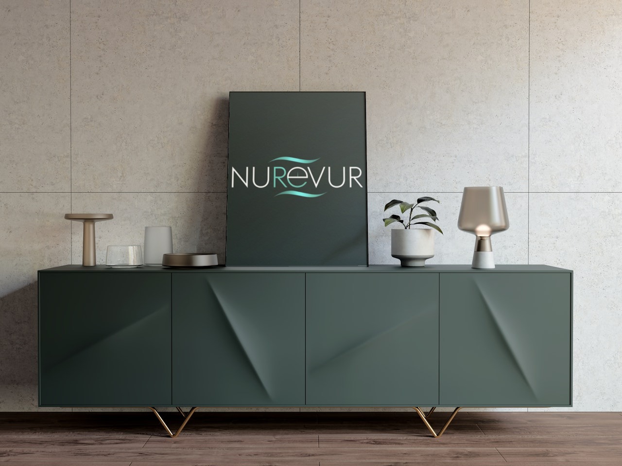 NuRevur logo displayed in a framed print on a modern green credenza
